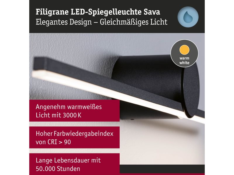 Paulmann Spiegelleuchte LED Sava 5W Schwarz Spiegelrohrleuchte mit Schutzart IP44