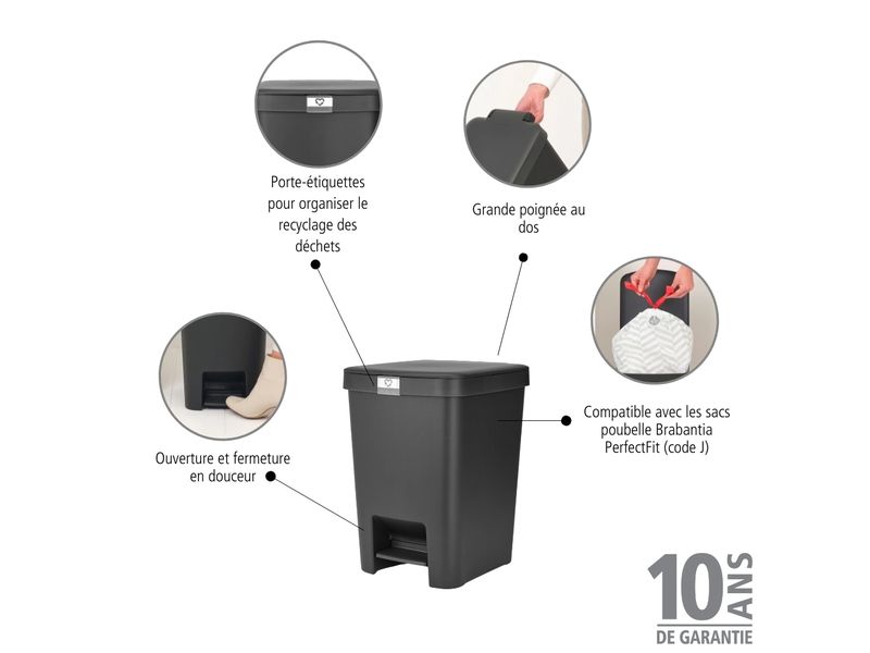 Brabantia Recyclingbehälter StepUp 25 l, Dunkelgrau Treteimer für Recycling Materialien