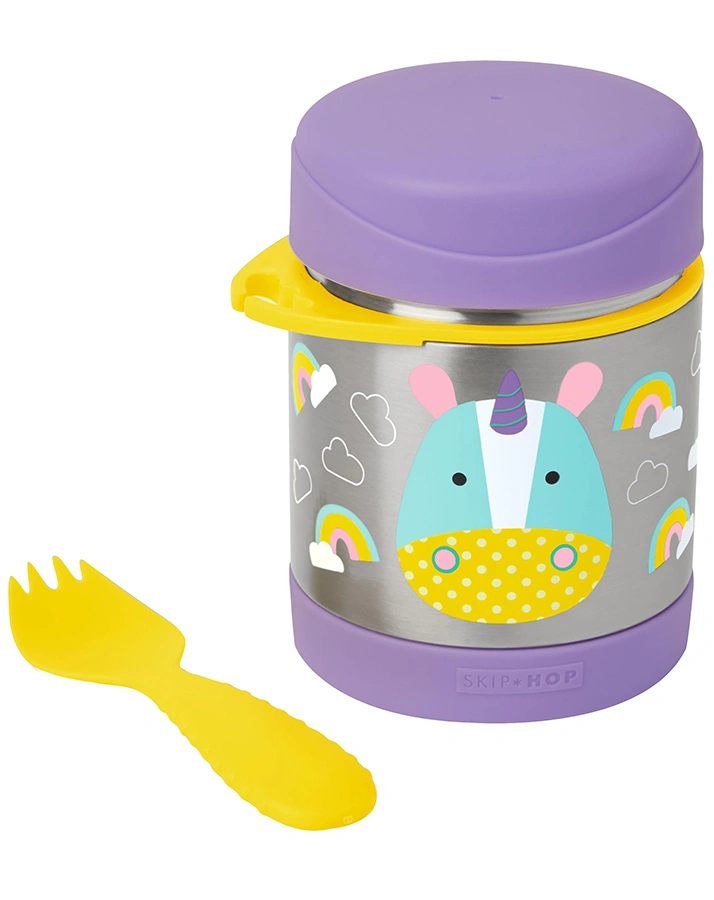 Edelstahl-Warmhaltebehälter ZOO – EINHORN EUREKA mit Göffel in silber/lila
