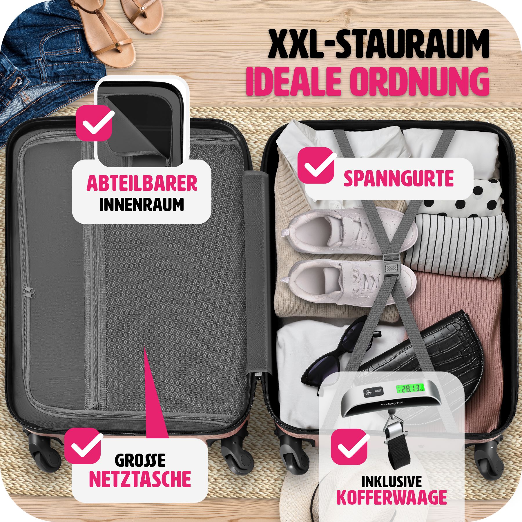 tectake® Hartschalenkoffer-Set, 4-teilig aus robustem ABS-Kunststoff inkl. Kofferwaage und -anhänger, 360° drehbare, abnehmbare Rollen, mit Sicherheits-Zahlenschloss