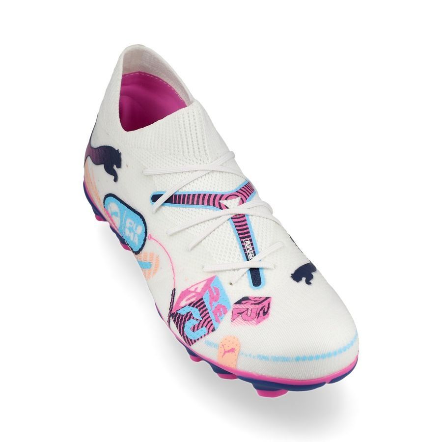 PUMA Future 7 Match FG/AG Volume Up - Blanc/Bleu/Poison Pink/Fizzy Melon Enfant