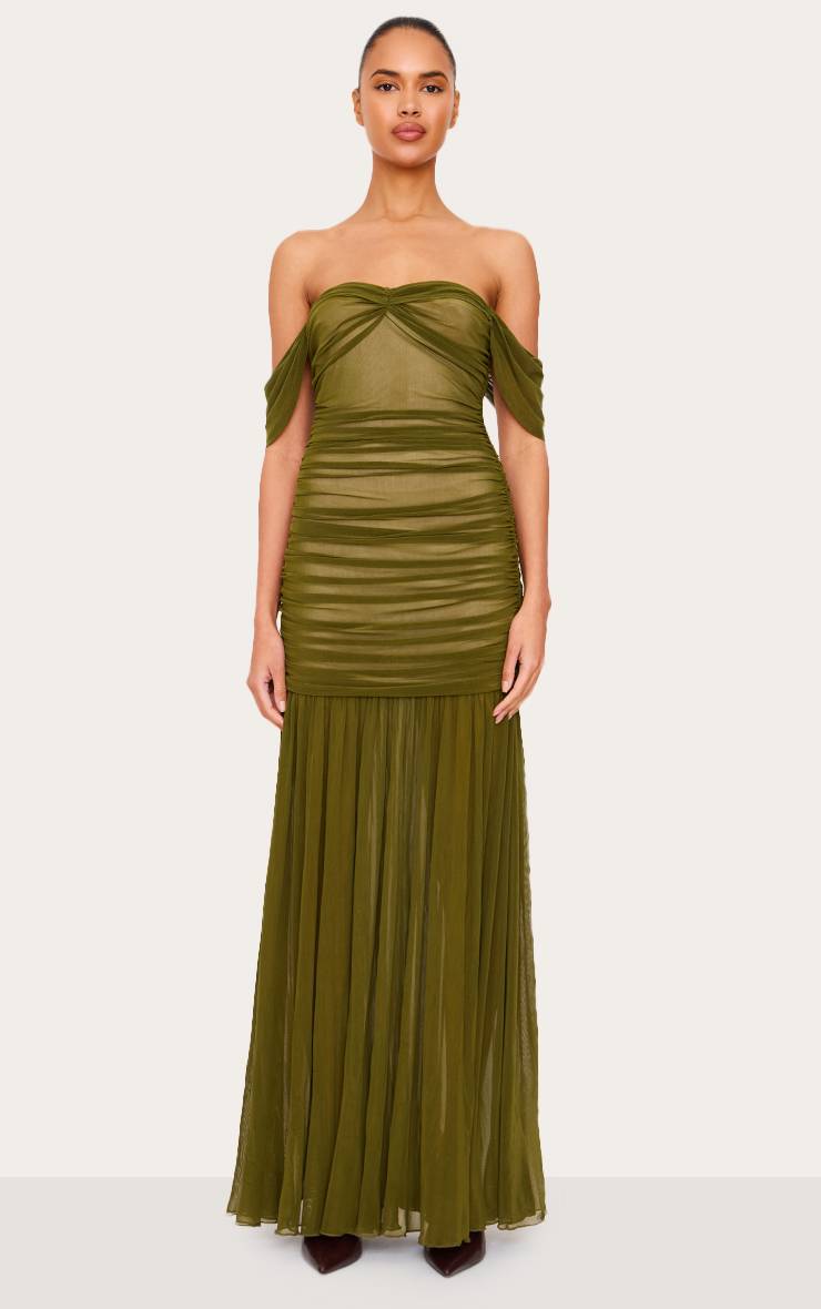 Vert Olive Robe Longue En Mesh À Épaules Dénudées Avec Détails Froncés
