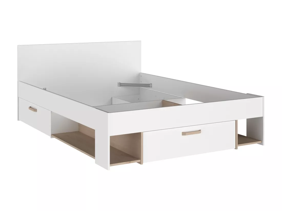 Lit 140 x 190/200 cm avec rangements - Blanc et naturel + Sommier - KINSELIA