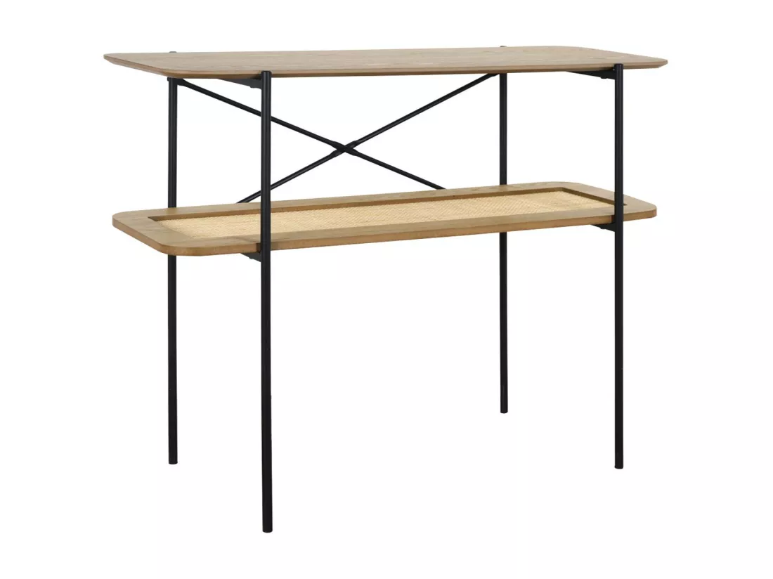 Console vintage 100 cm double plateaux effet bois et cannage. piètement et structure en métal noir