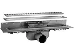 Purus Line afløbsrende - 900x100 mm - komplet sampak med Ø50 mm afløbsskål med vandret udløb & vandlås samt ramme/rist