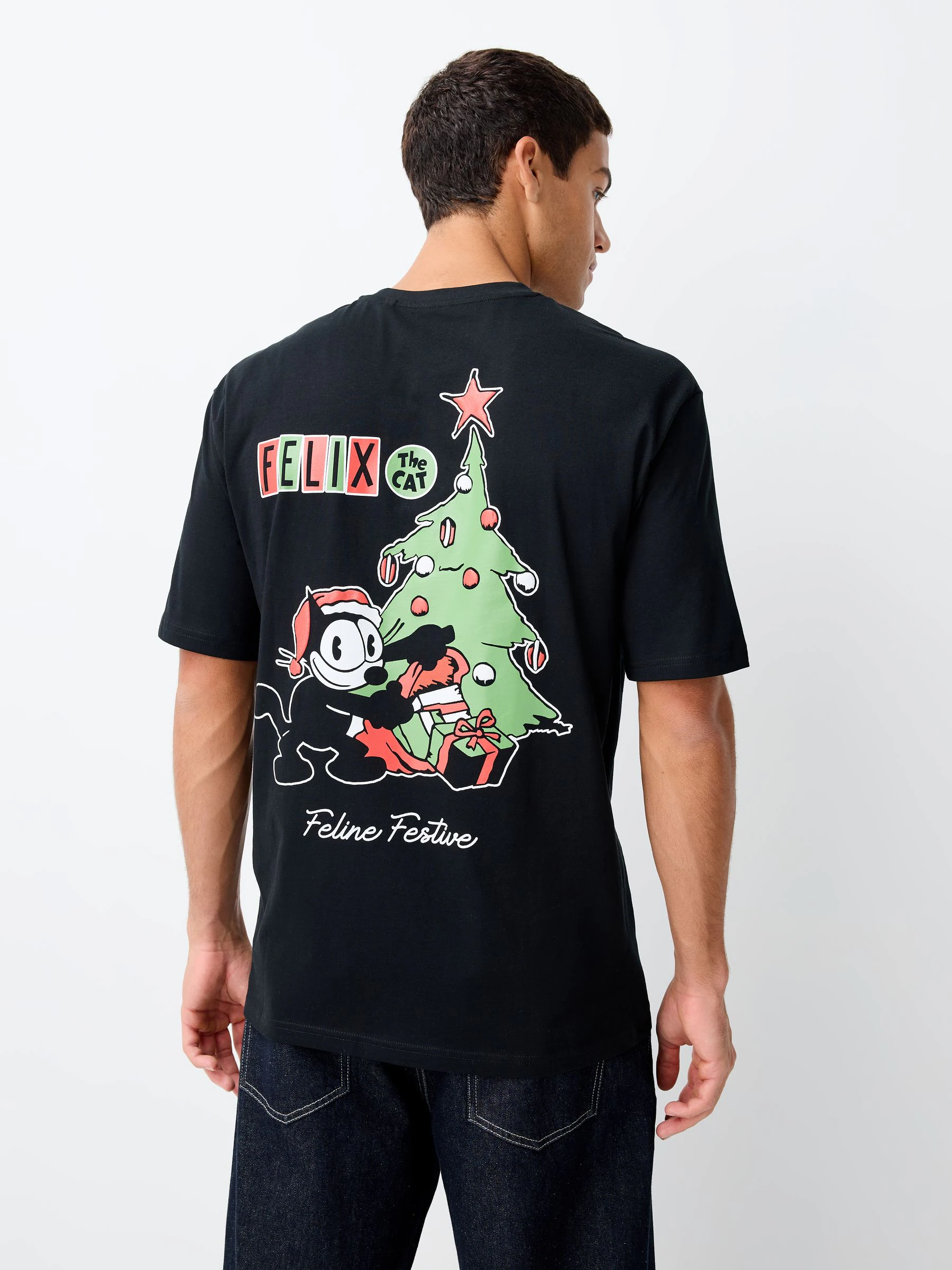Zwarte Felix de Kat - Relaxed fit - Kerstmis T-shirt met grafische print