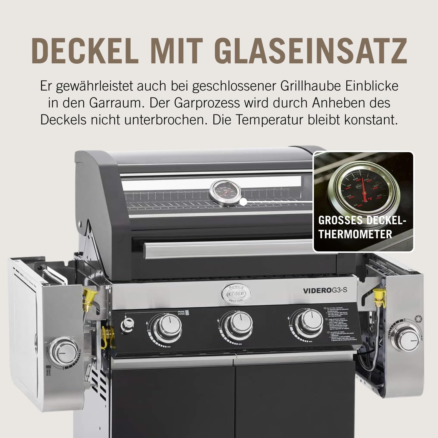 RÖSLE Gasgrill BBQ-Station VIDERO G3-S Schwarz, Grill mit 3 Edelstahlbrennern, extra Primezone und Seitenbrenner, klappbare Seitentische, VARIO+, pulverbeschichteter Stahl