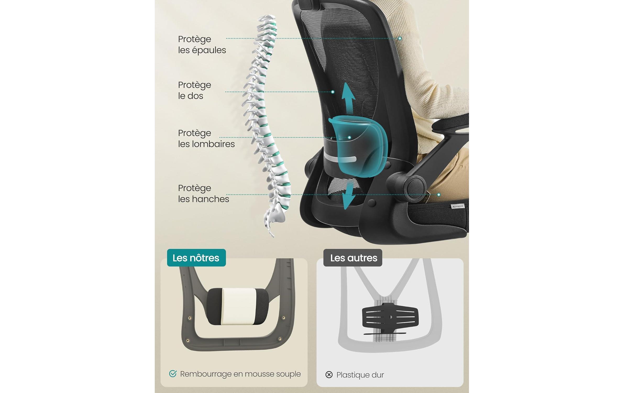 Bürostuhl mit klappbaren Armlehnen<br>Ergonomischer Schreibtischstuhl mit atmungsaktivem Netz, klappbaren Armlehnen, verstellbarer Lendenwirbelstütze und Kopfstütze