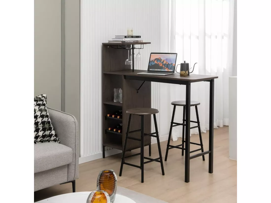 Table Haute avec Tabouret, avec Porte-Verre Porte-Bouteilles, Table de Bar avec Tabouret 2 Personnes Compact, Brun Rustique