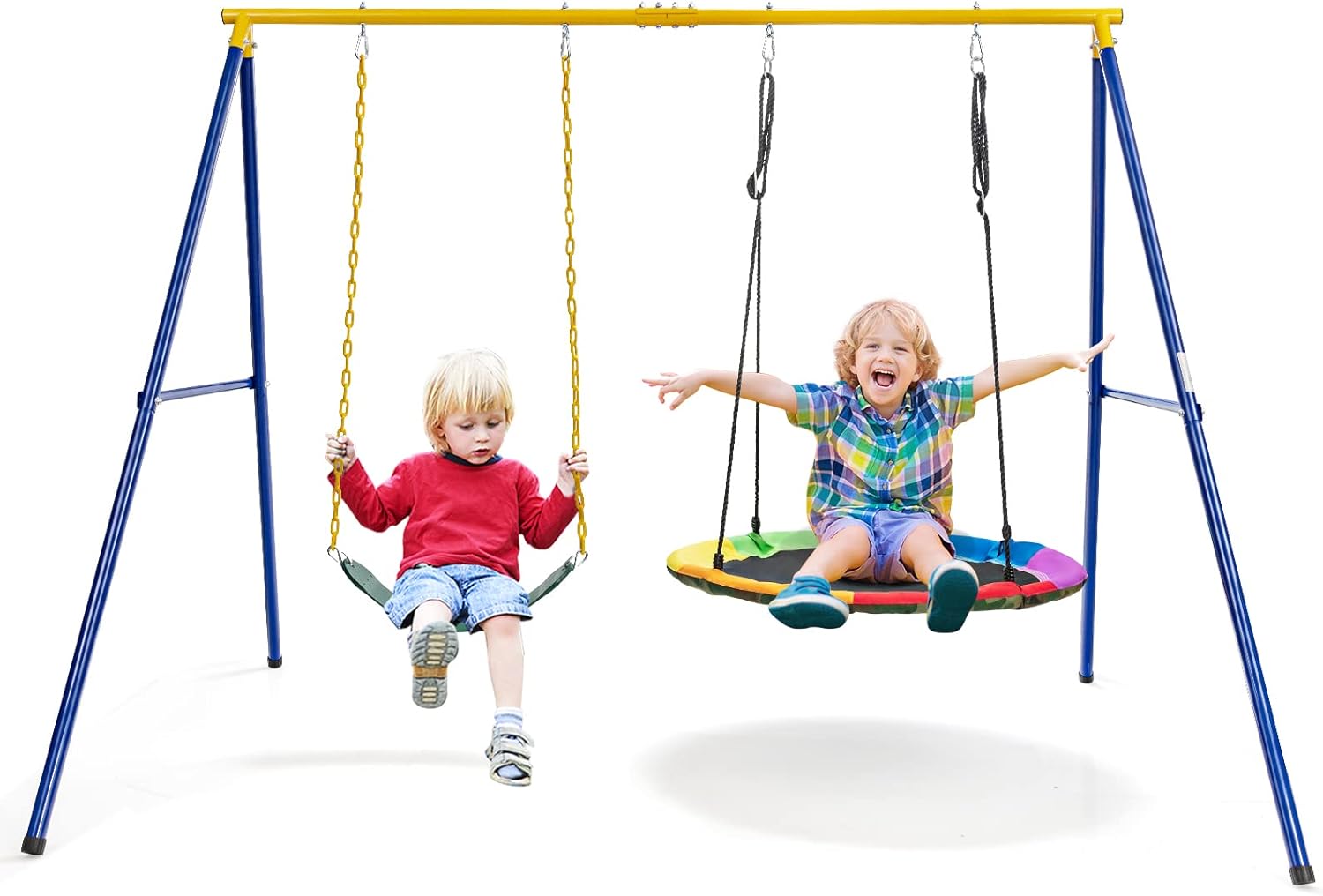 KOMFOTTEU Doppelschaukel mit Schaukelgestell, Nestschaukel Kinderschaukel Outdoor mit Metall Gestell, Kinder Schaukel bis 300 kg belastbar, Gartenschaukel für Garten Hof Park, Blau + Gelb
