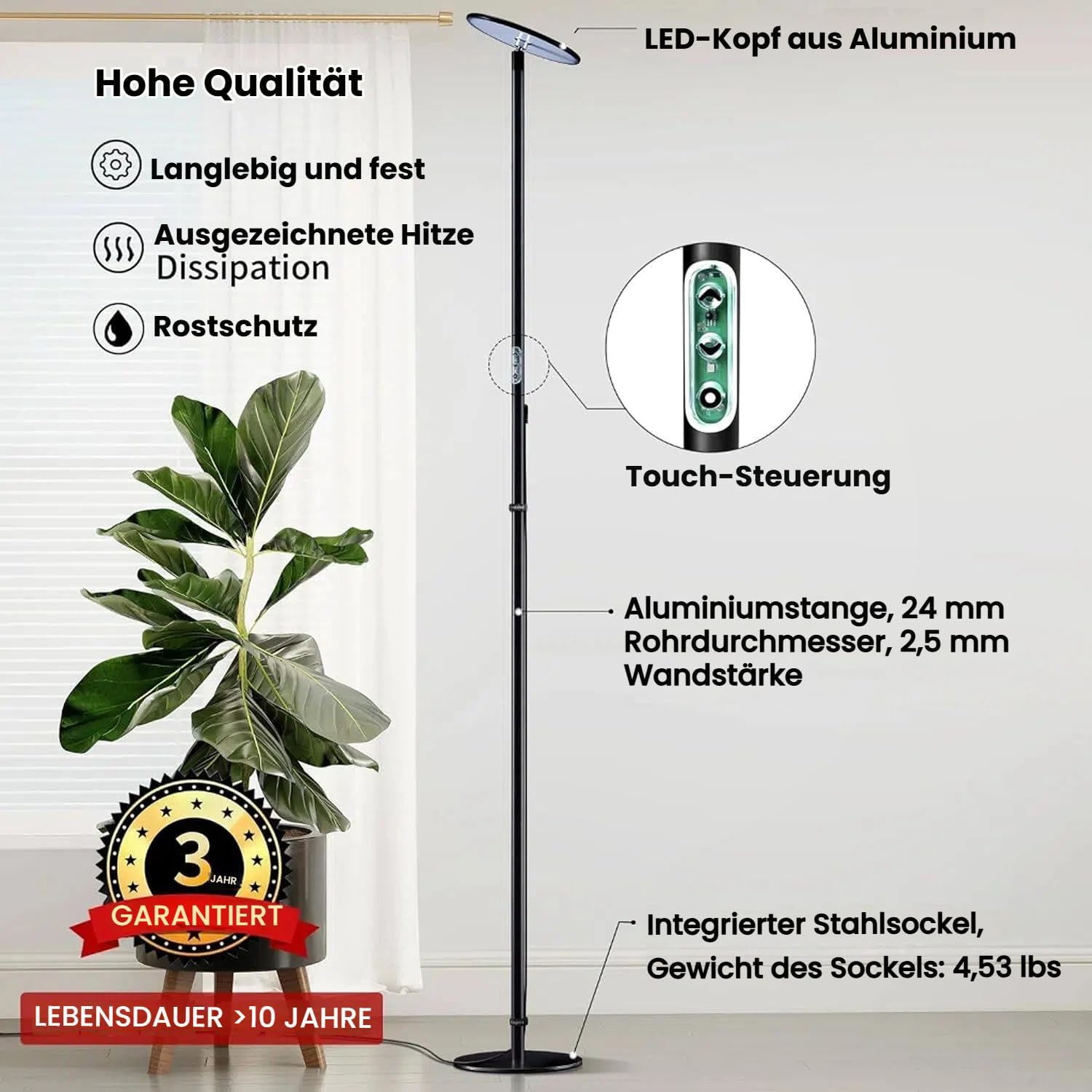 chiphy 60W 216cm Pflanzenlampe, Vollspektrum-Pflanzenlicht für Zimmerpflanzen, 4/8/12H Timer, 60W Grow-Lampe, 10 dimmbare Helligkeit, höhenverstellbar