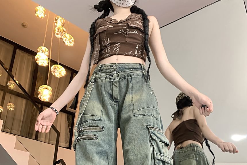 Porstina - Cargojeans met hoge taille en wijde pijpen