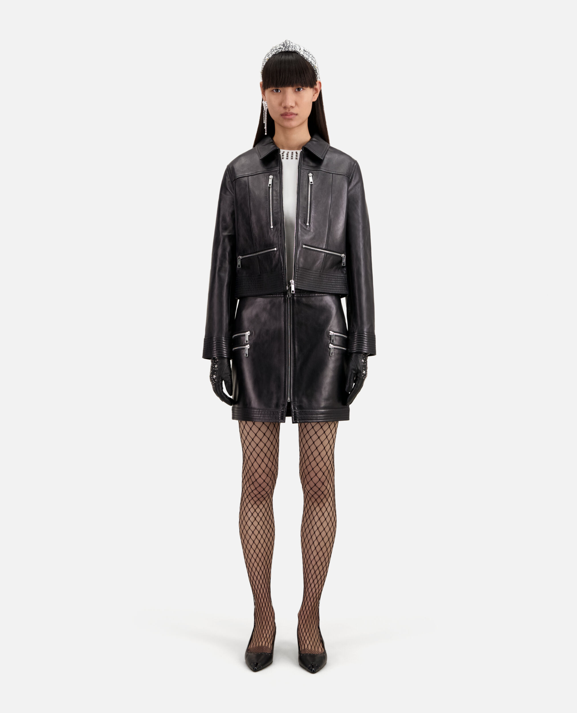 Black leather biker jacket with zipper