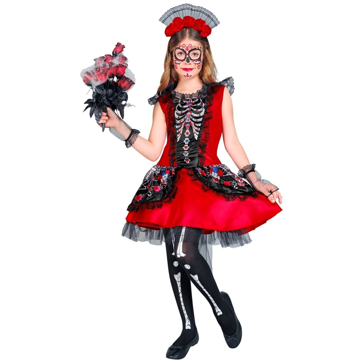 Dia De Los Muertos Jurk Zwart Rood