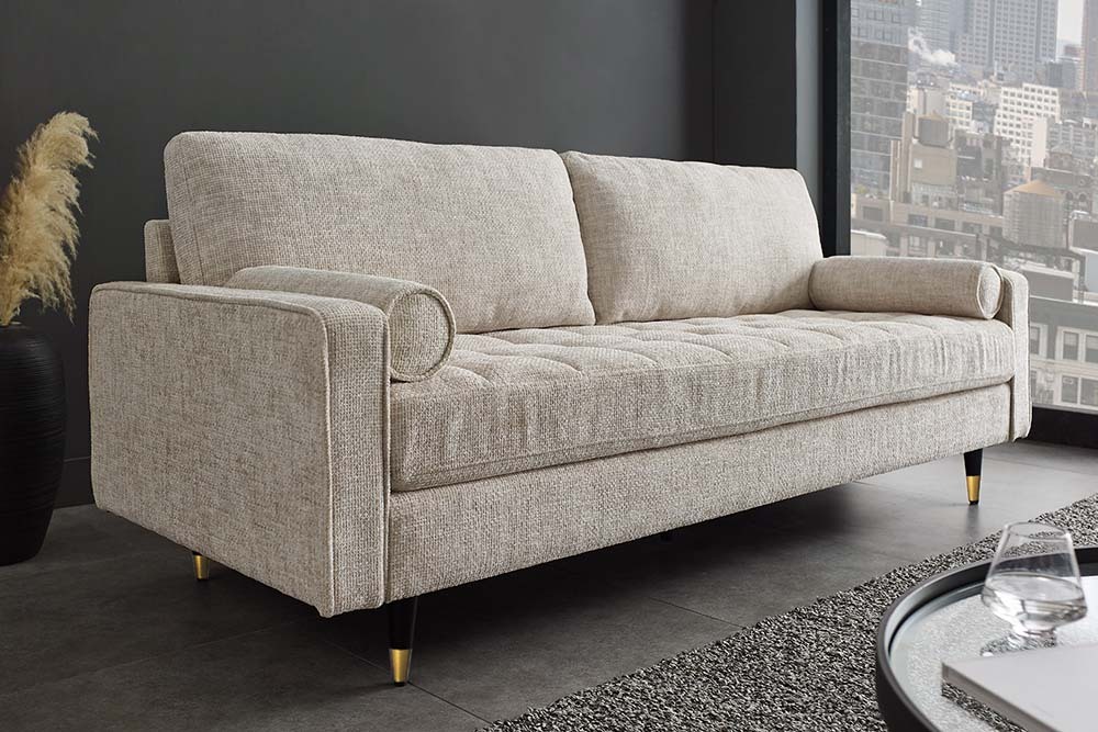 Design Sofa COZY VELVET 220cm beige Chenille Federkern 3-Sitzer mit goldener Kappe