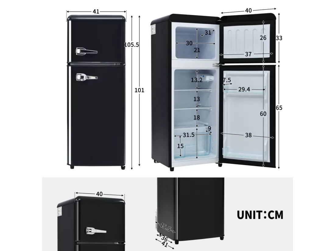Réfrigérateur-congélateur combiné, 105,5 cm de hauteur, 41 cm de largeur, avec un volume total de 92 litres, un volume de congélateur de 28 litres. 181 kWh/an, -27°C 13°C, éclairage LED, (noir）