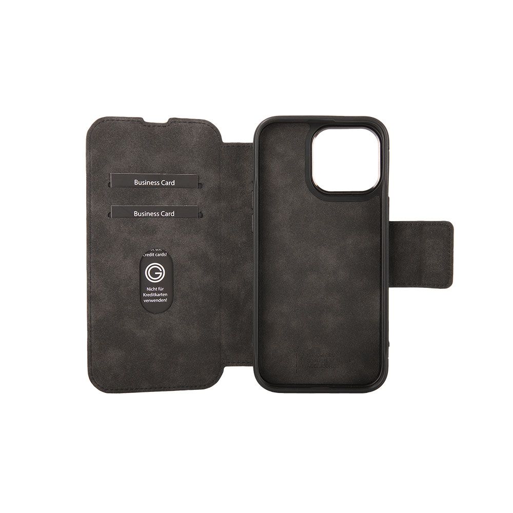 iPhone 16 Pro Max Echtleder Tasche Flip Cover Hand Made (ANDYS25-M01) - Schwarz