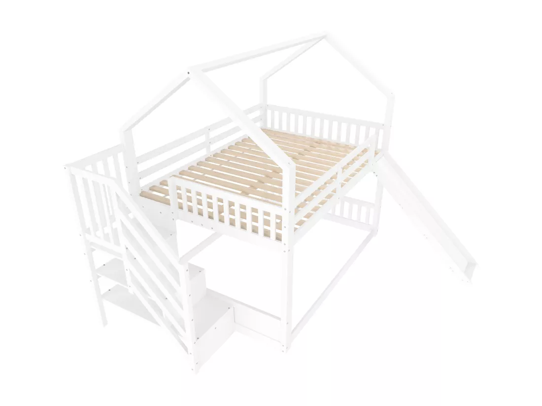 Lit superposé 140x200cm en bois - avec barrières + escalier de rangement + toboggan - Blanc