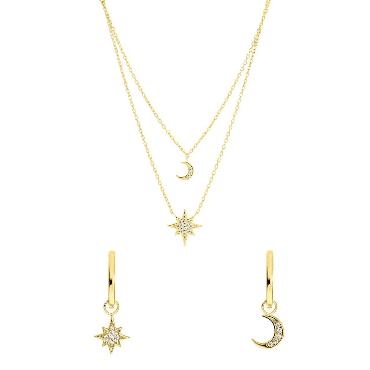 Zilveren set goldplated maan/ster met zirkonia