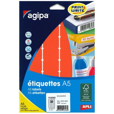 Apli Agipa - Etui A5 - 320 Étiquettes rouges multi-usages - 24 x 33,5 mm - réf 114343