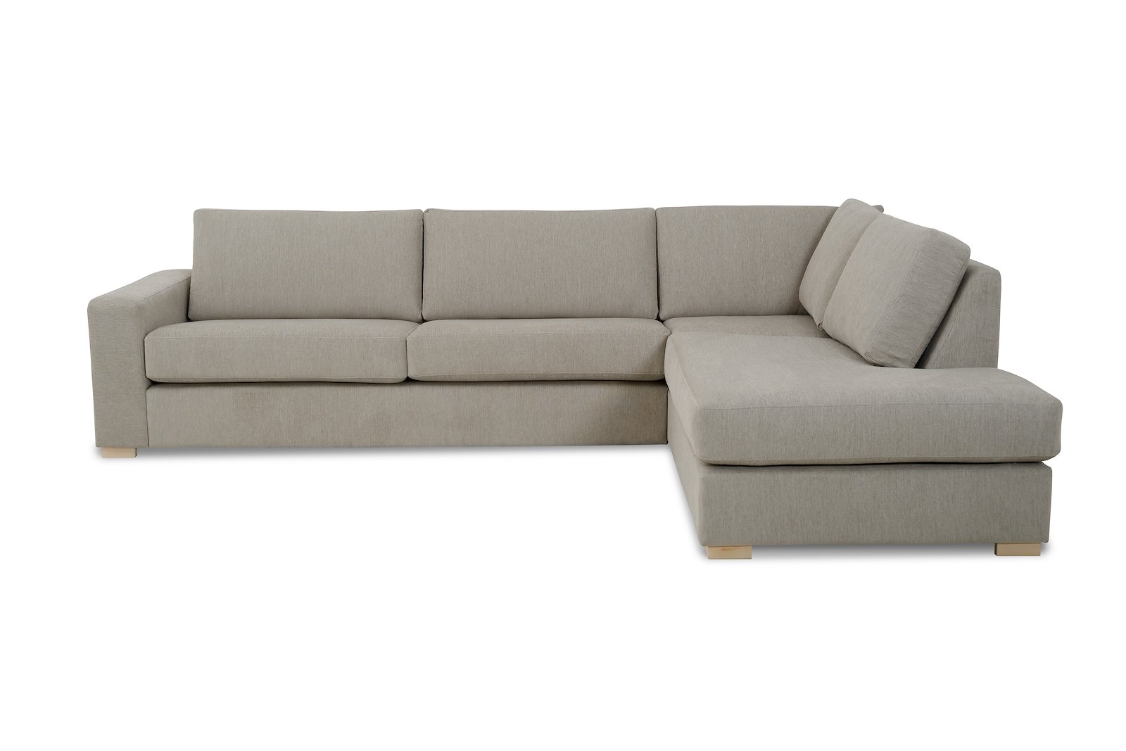 Modern Living hjørnesofa 3-seter med åpen ende høyre fast. I tekstil Kall 9 Cappuchino, Arm A og ben 1. Faste puter og skum kvalitet