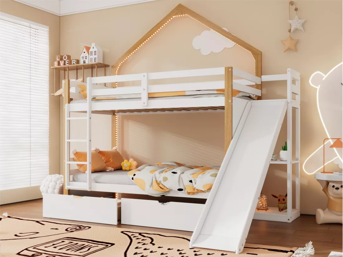 Lit superposé 90x200 cm - en bois de pin et MDF - avec LED, 2 tiroirs, échelle et toboggan - Blanc