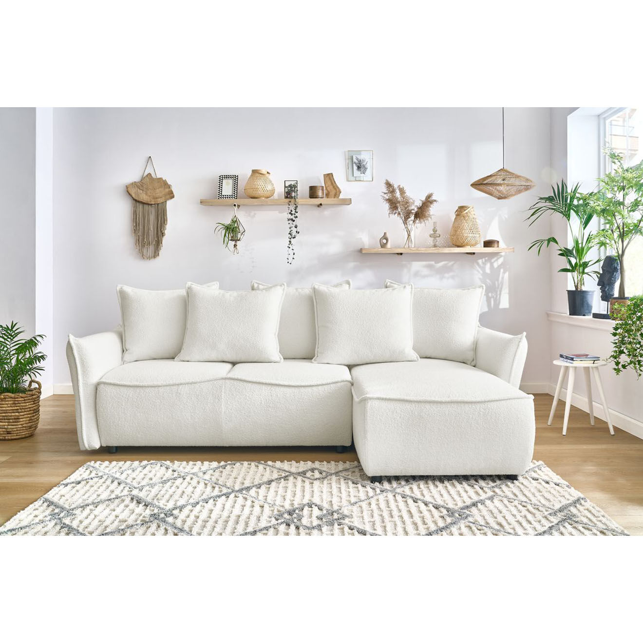 Bobochic Canapé d'angle droit convertible bouclette Léon blanc - 242x158x90 cm