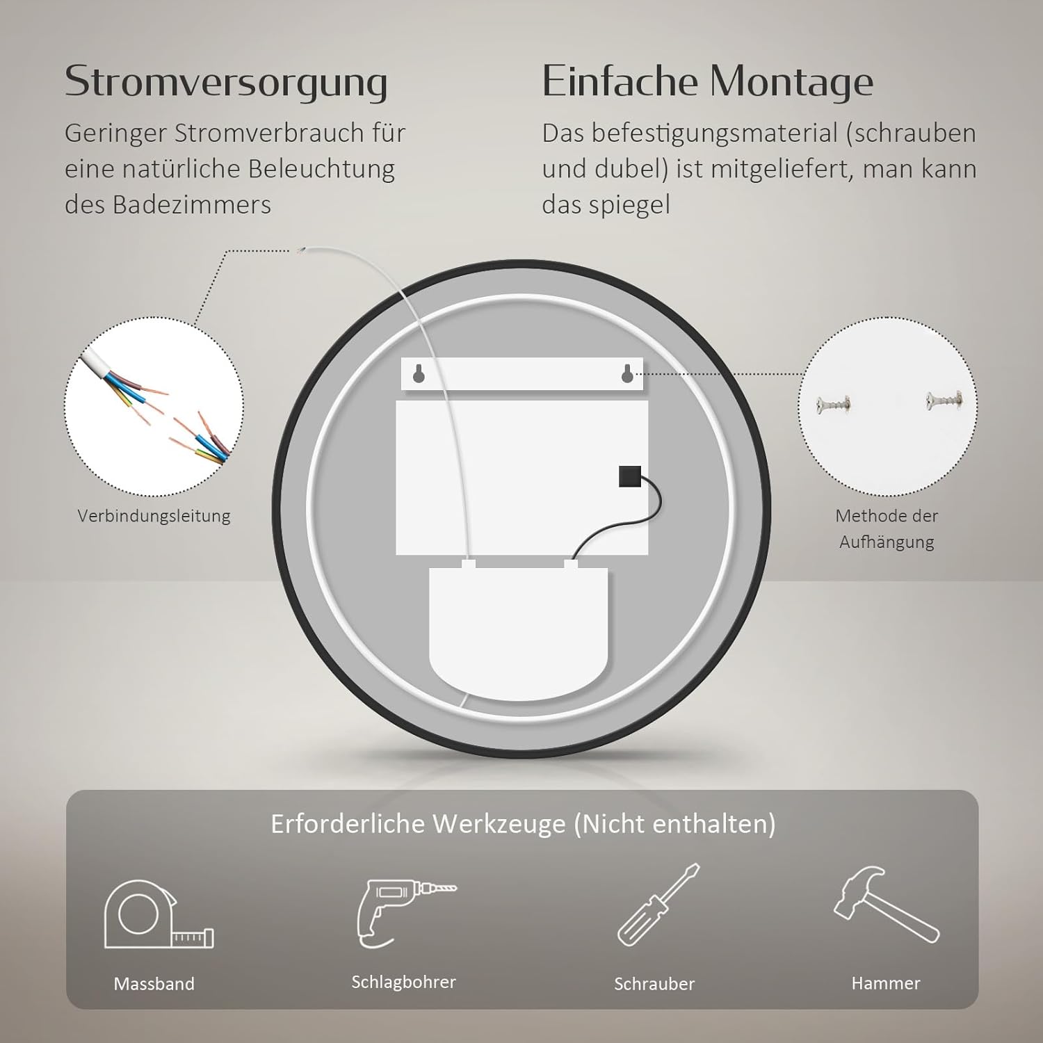EMKE Badspiegel mit Beleuchtung rund 70 cm – Schwarzer Badezimmerspiegel mit Antibeschlag, Dimmbar, Uhr, Temperaturanzeige, Touch, Speicherfunktion, energiesparend Runder Spiegel