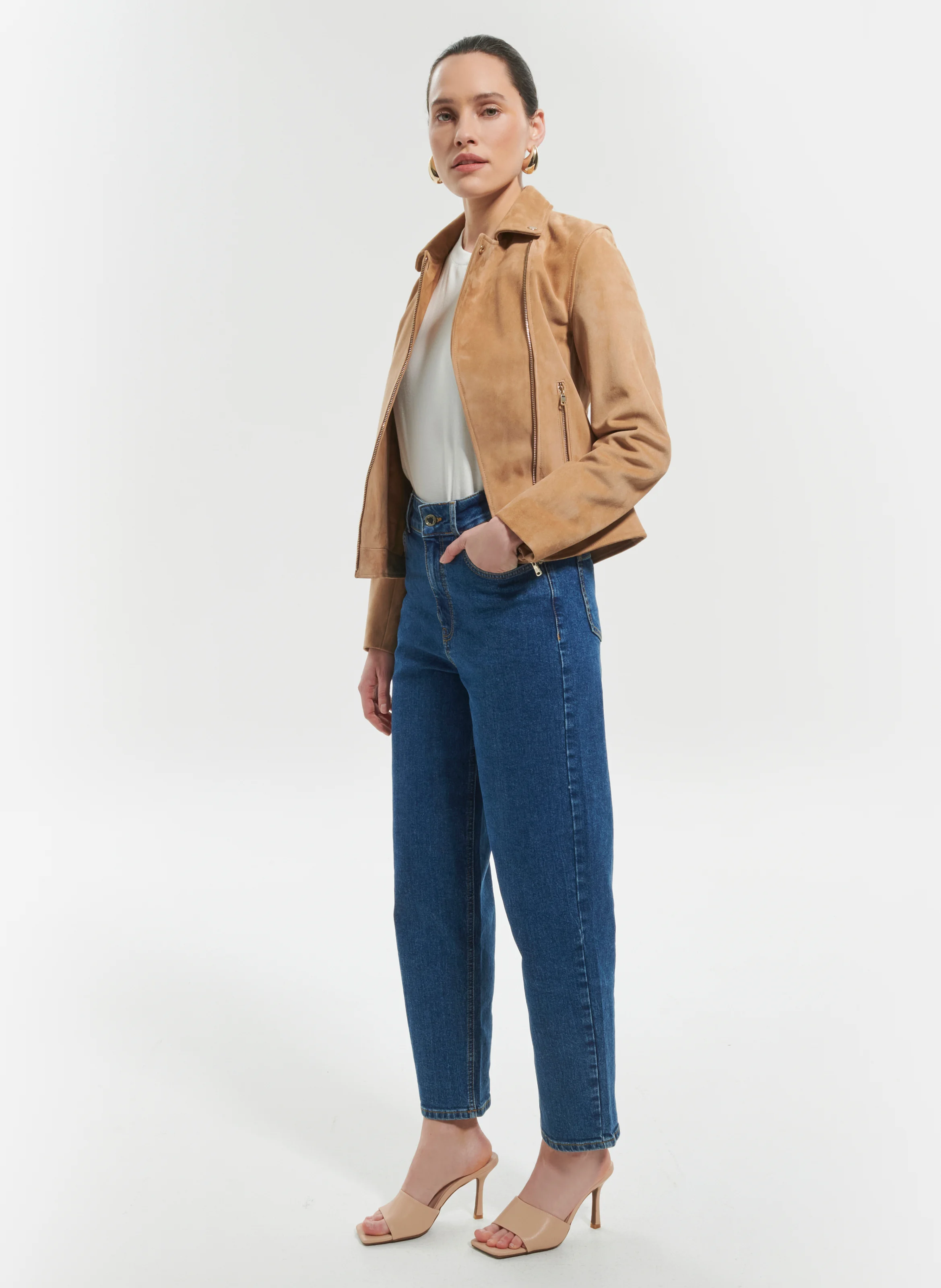 HANCORE - Perfecto droit zippé en cuir velours | Beige