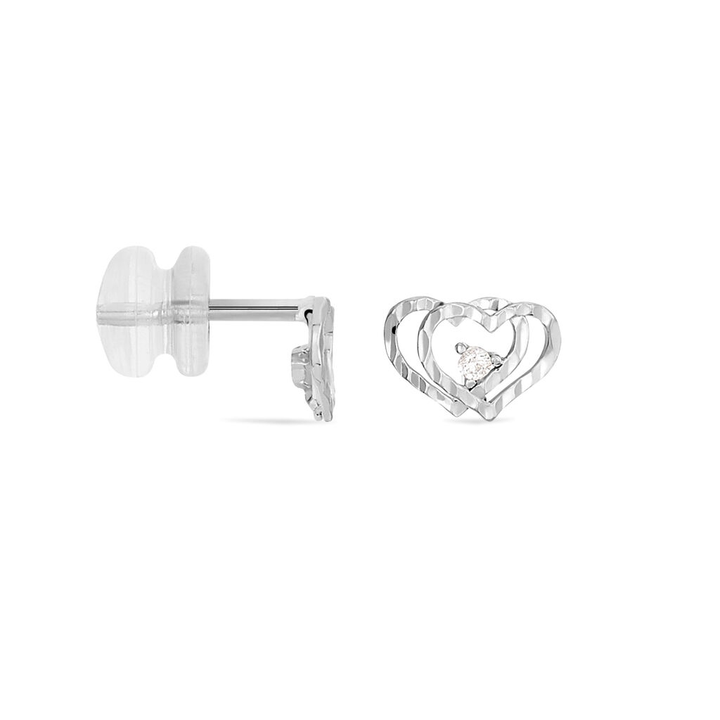 Boucles D'oreilles Puces Daria Double Coeurs Or Blanc Oxyde