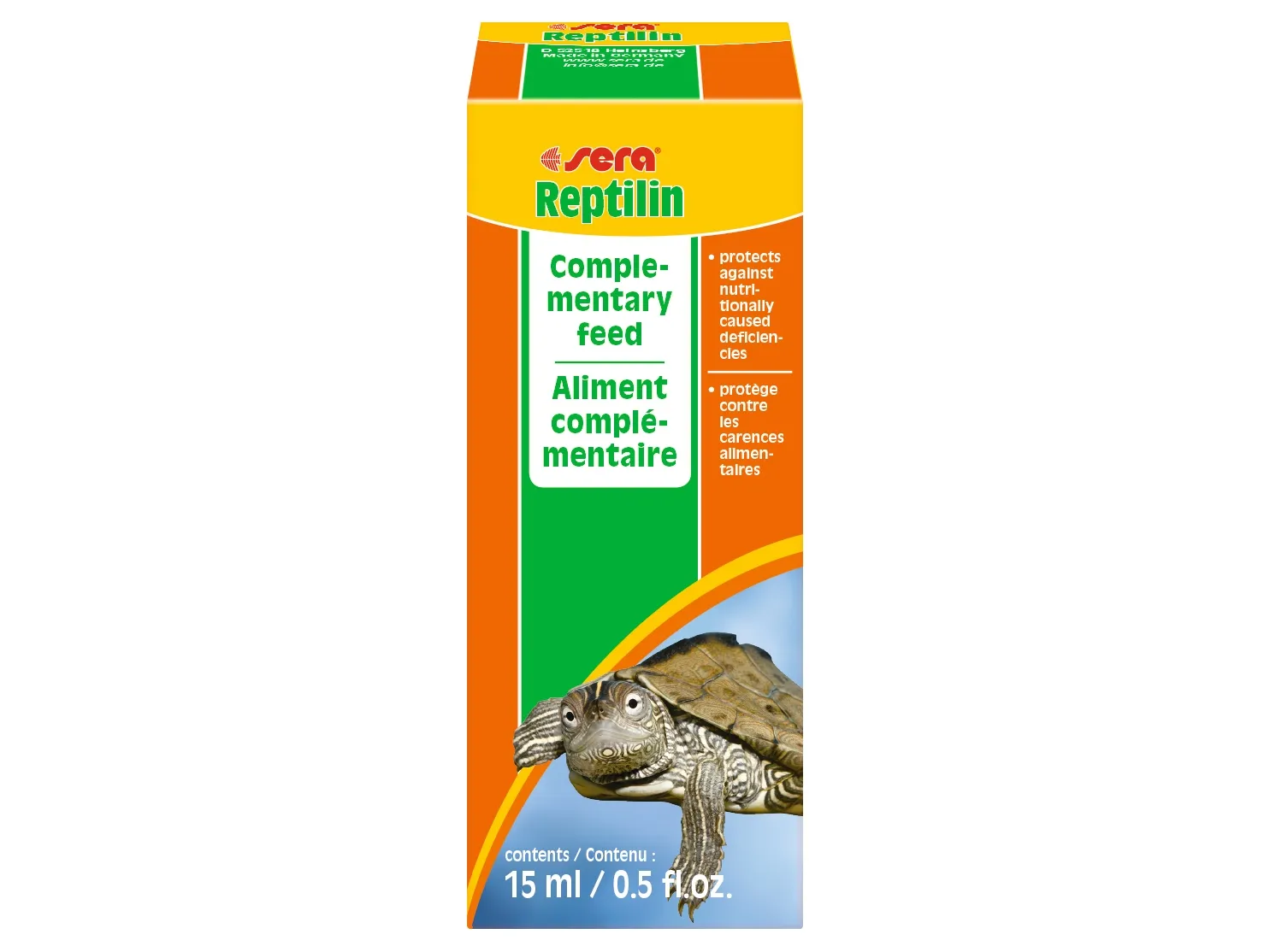 sera Reptilin, Skildpadde, Væske, Knoglesundhed, Generelt sundhed, Hud & Pels, Universel, Vitamin A, Vitamin B1, Vitamin B12, vitamin B2, vitamin B6, vitamin E, Vitamin K, Kalcium, Jern, Magnesium, Phosphorus, Kalium, Natrium, Zink