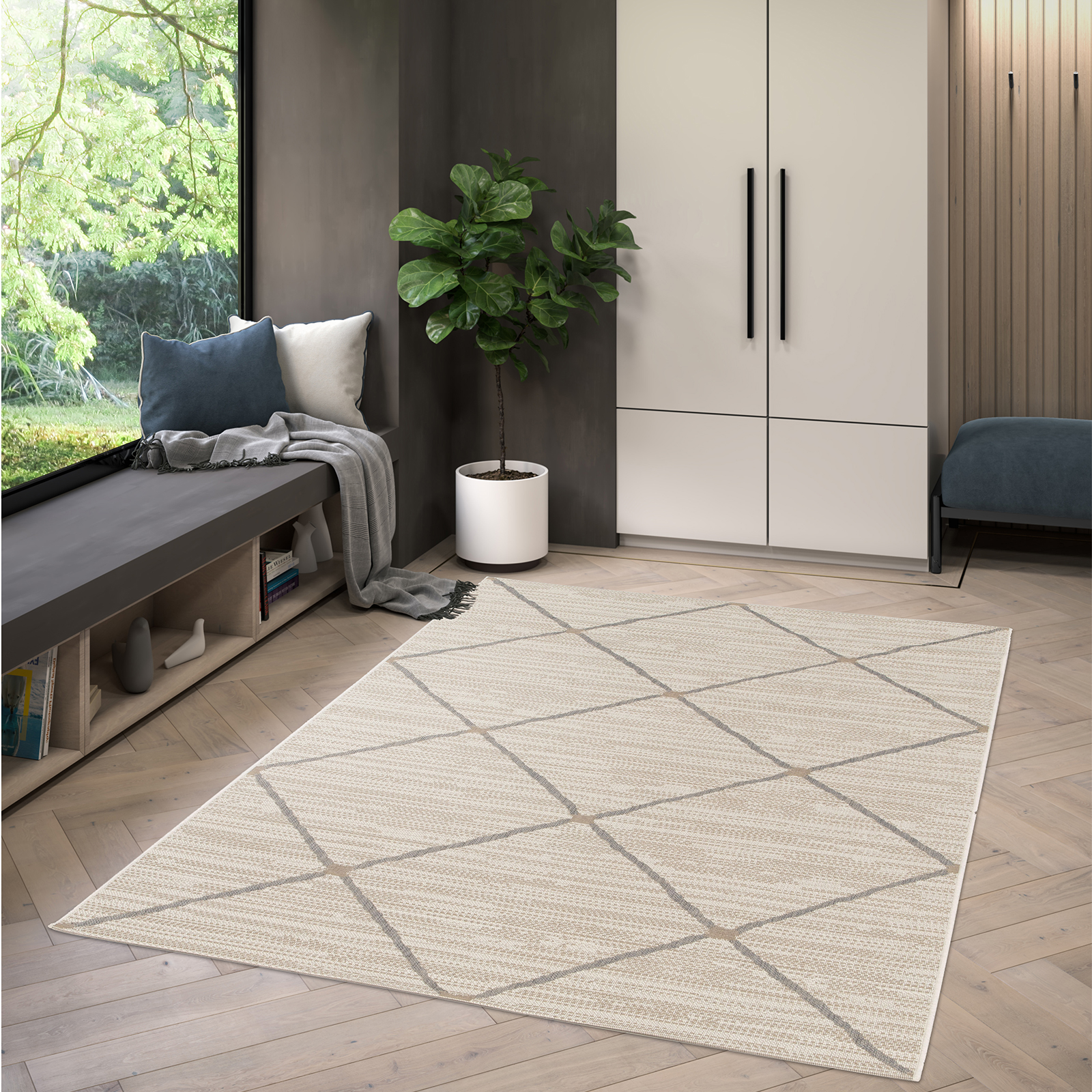 In-/Outdoorteppich - creme-beige - Rauten - 80x150 cm