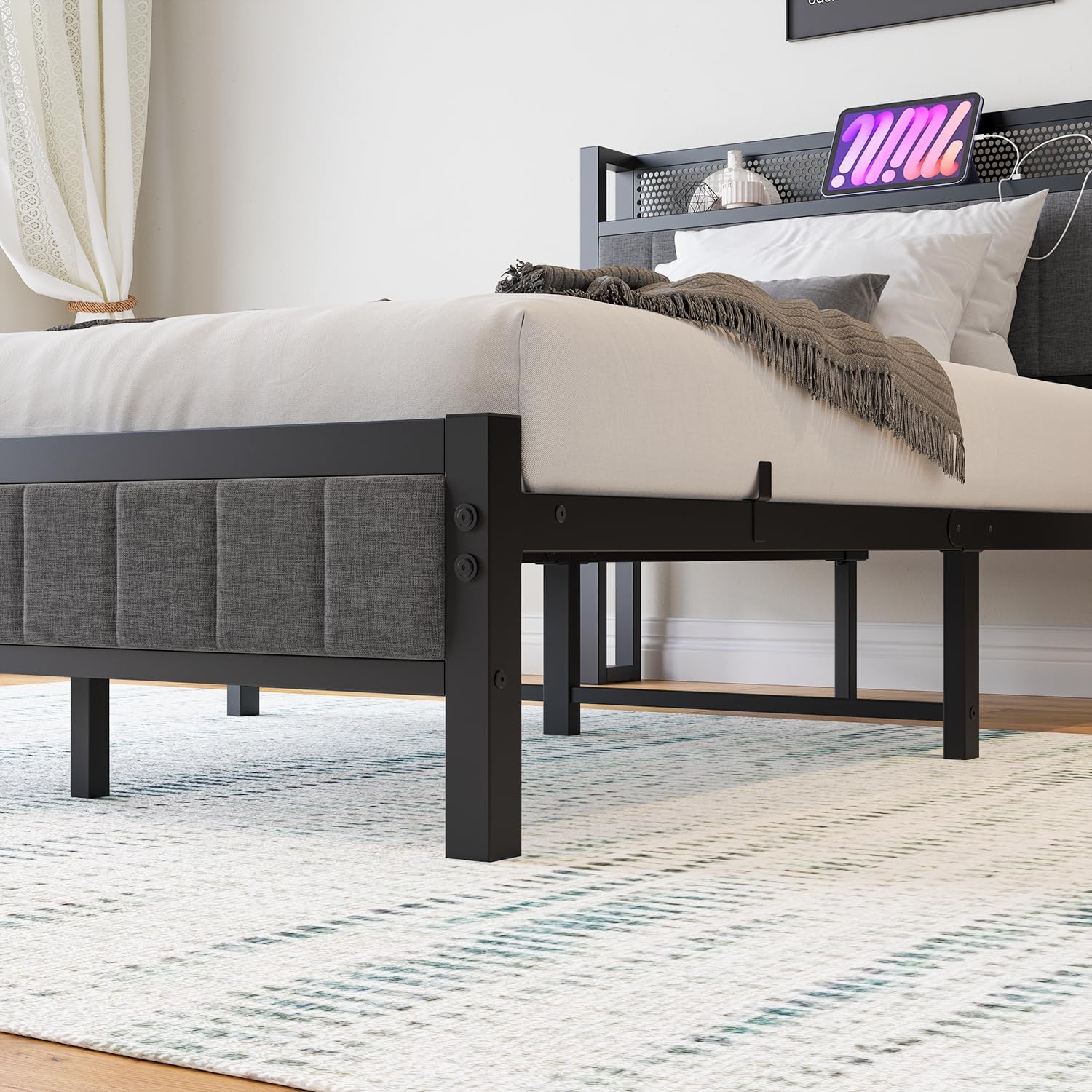 Bettrahmen mit Ladestation Doppelbett/Einzelbett Gästebett Metallbett Polsterbett 120x200 Bettgestell aus Metall,Jugendbett mit Lattenrost Kopfteil in Grau,für Schlafzimmer Gästezimmer