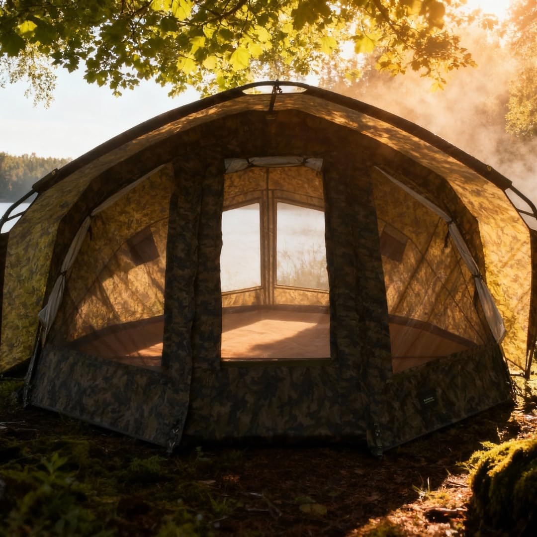 MK-Angelsport Fort Knox 2.0 Ghost 3-4 Personen Angelzelt | Innenhöhe 1,9m | BxTxH : 3,54 m x 3,75 m Karpfenzelt Dome | wasserfestes und temperaturstabiles Angelzelt, inkl. Gummihammer 1-2