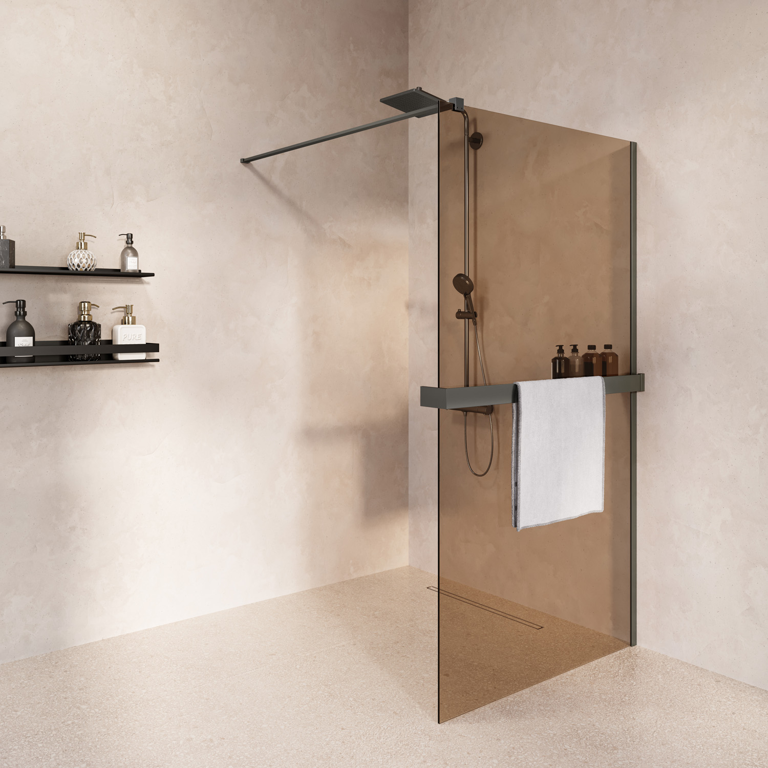 Saniclear Metric inloopdouche 100cm met handdoekhouder en bronsglas verouderd ijzer - gunmetal