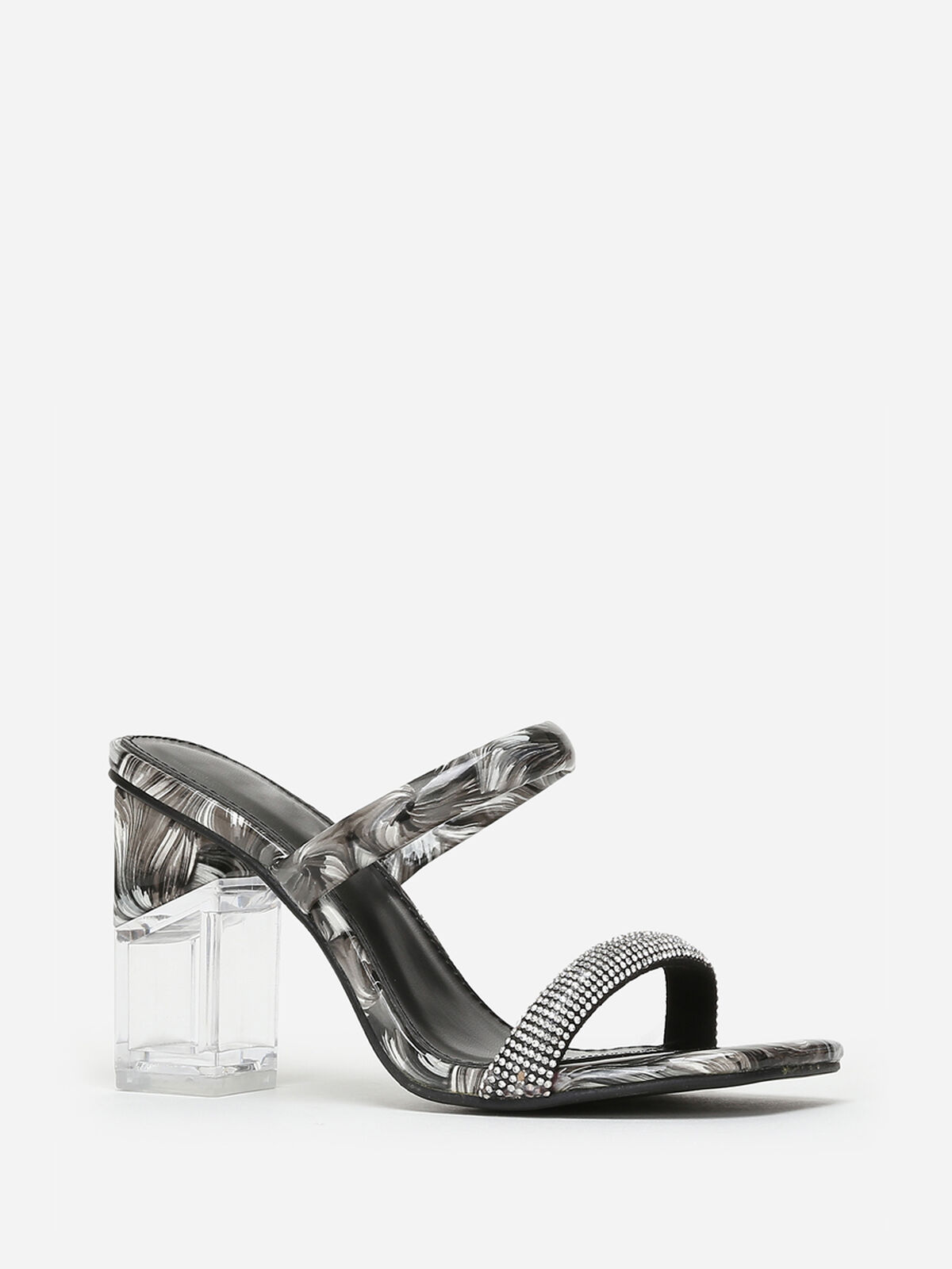 Mules marbrées à strass et talon transparent- Noir