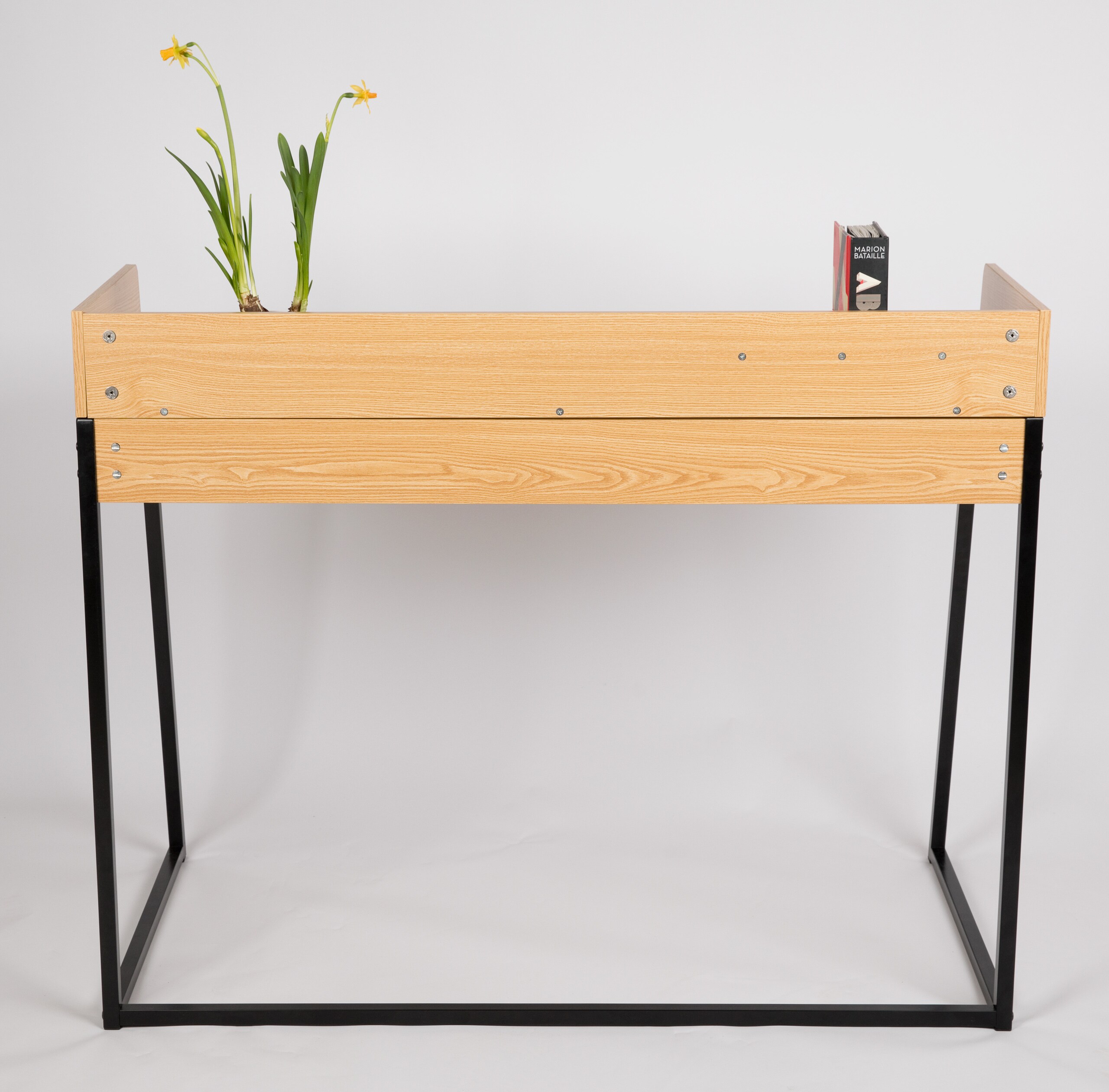 WONDERMAKE® Design Schreibtisch aus Holz und Metall, Bürotisch PC-Tisch Computertisch Arbeitstisch für Home Office , 110x55x87 cm, Eiche hell braun schwarz