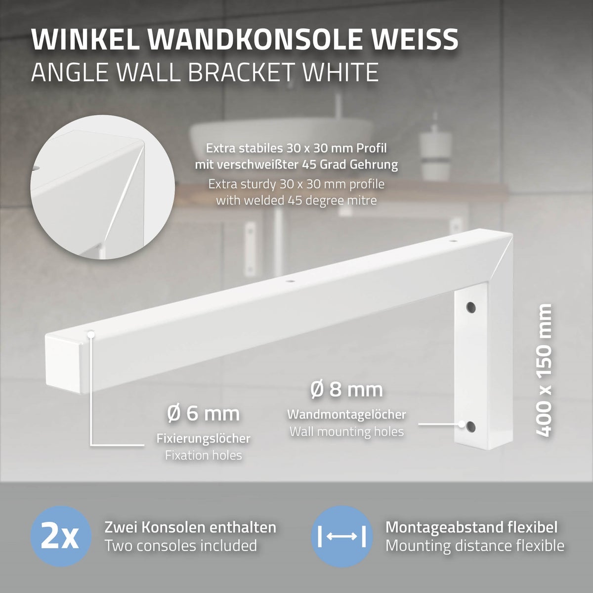 ML-Design 2-delige set L-vormige wandconsoles voor wastafels, 400x150 mm, wit, staal, design wastafelconsole, wandbevestiging voor wastafelblad, planchetconsole, planchethouder