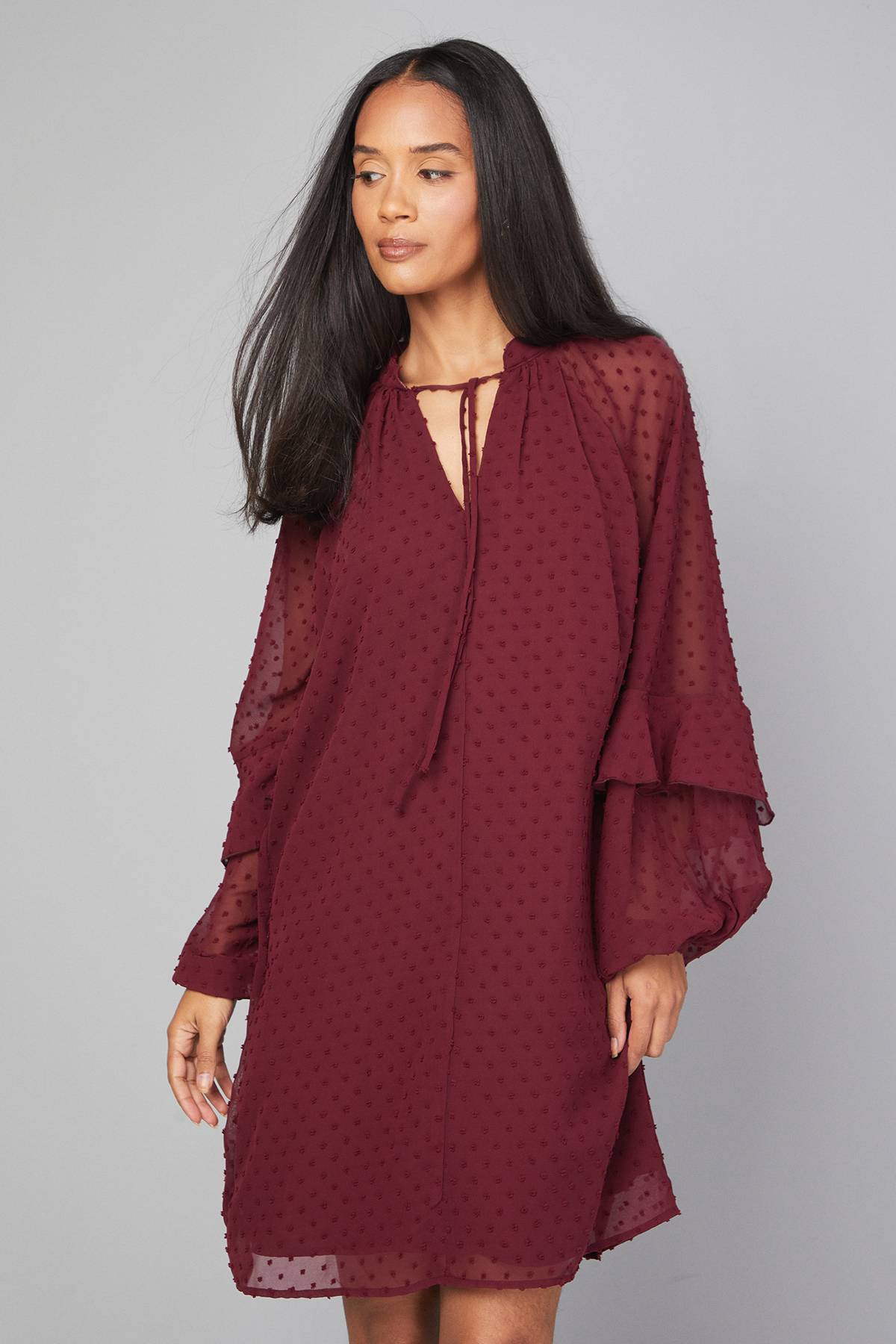 Wallis Robe Droite à Manches Volantées en Dobby