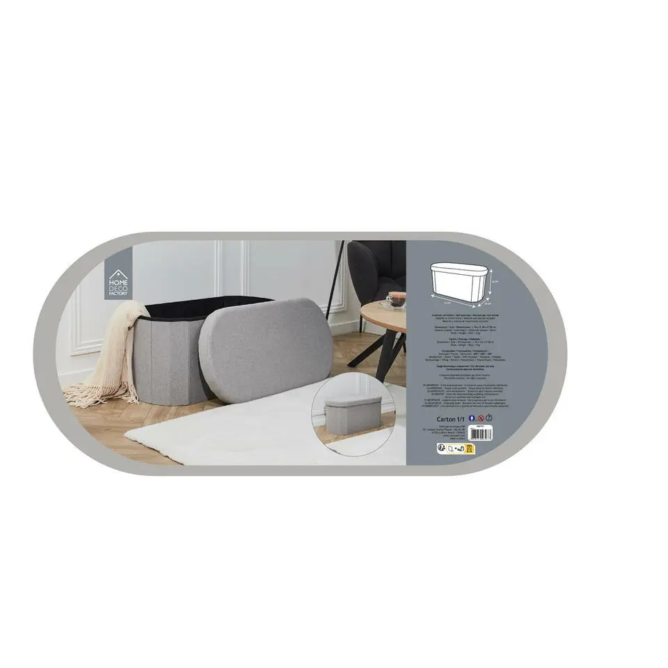 Home Deco - Poef - opbergbox - ovaal - grijs - 76 x 38cm