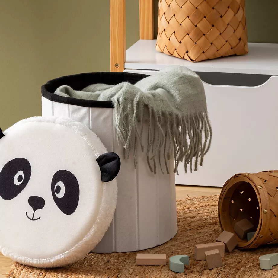 Pouf coffre pliant enfant (H38 cm) Panda Noir
