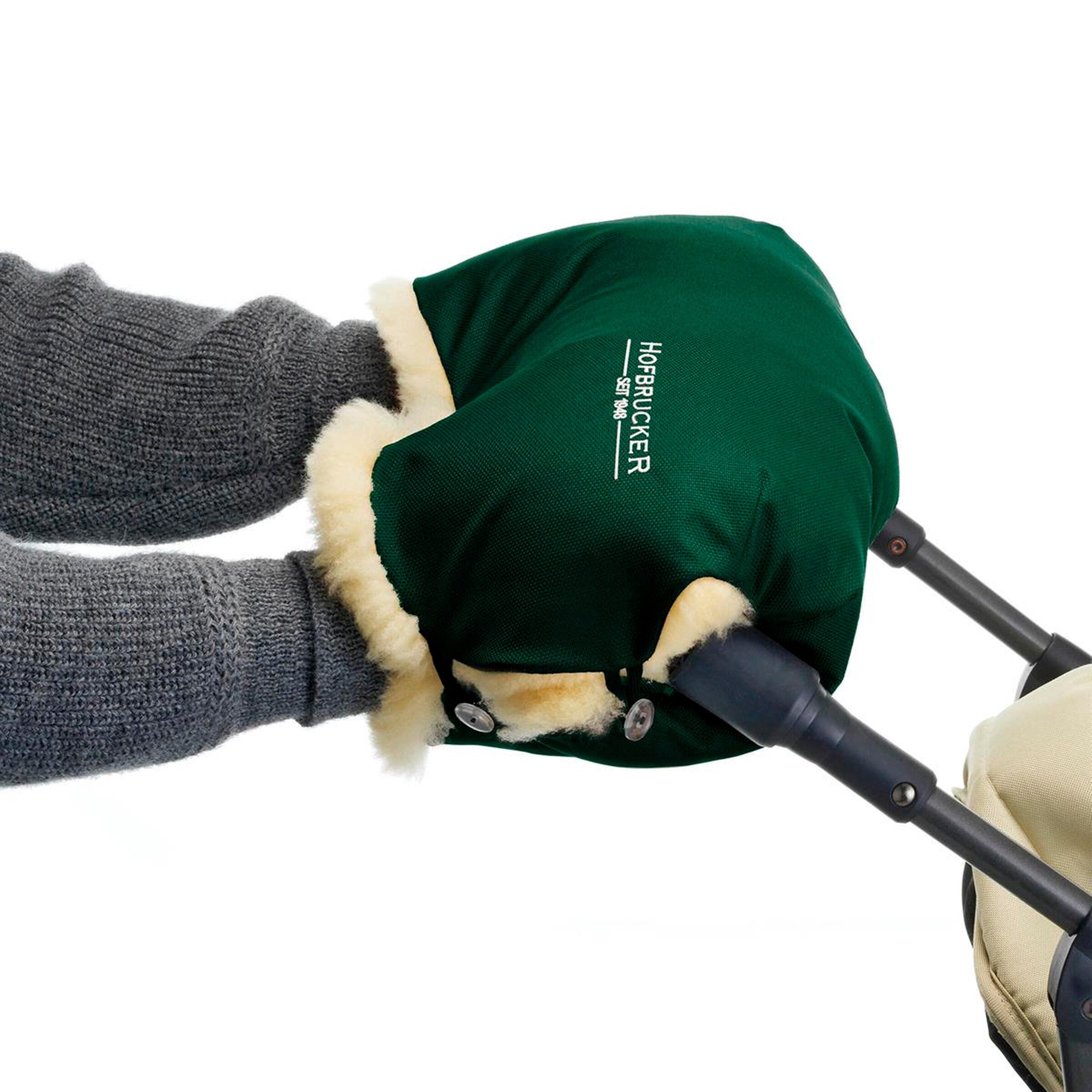 Hofbrucker Lammfell-Handwärmer für Kinderwagen Lammfell Handmuff Tannengrün