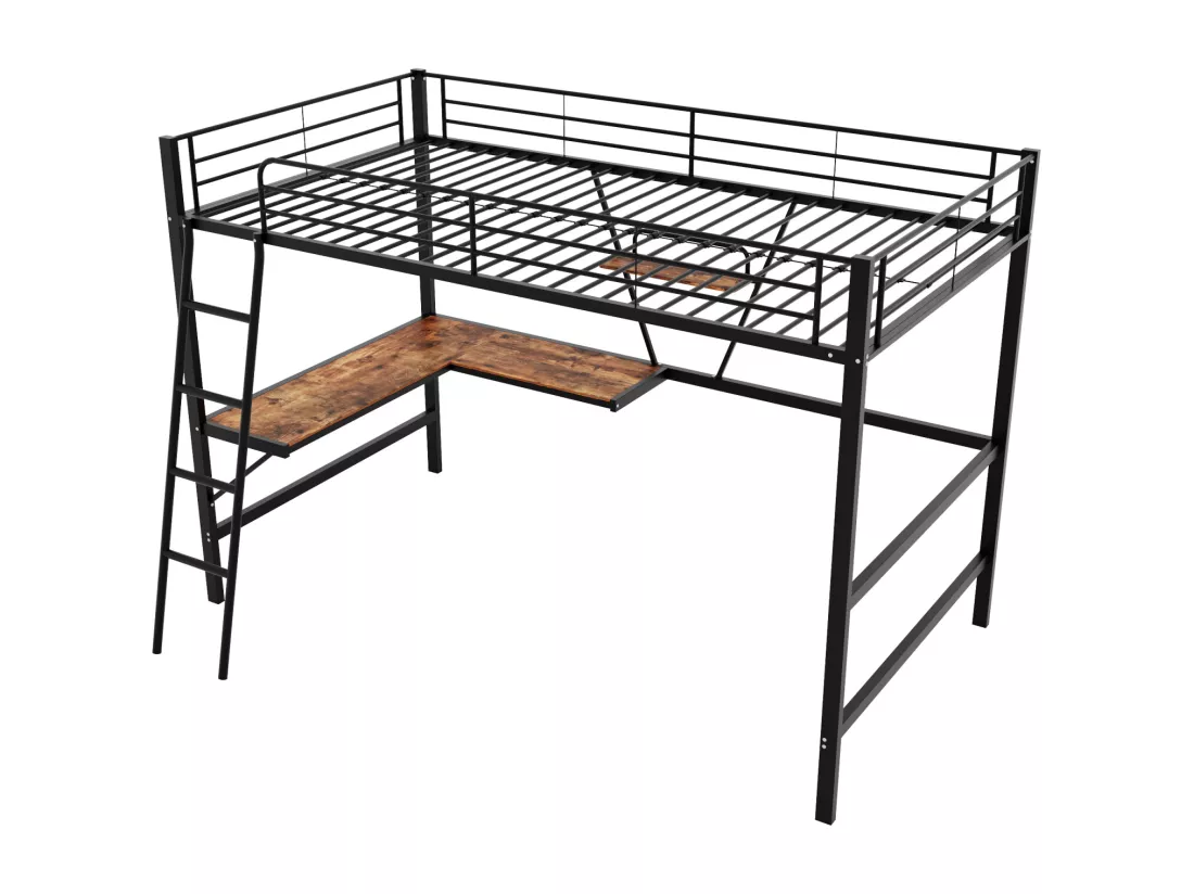 Lit mezzanine 90x200cm, cadre en métal, lit surélevé avec échelle, bureau en forme de L et 1 étagère pour enfants, adolescents, noir