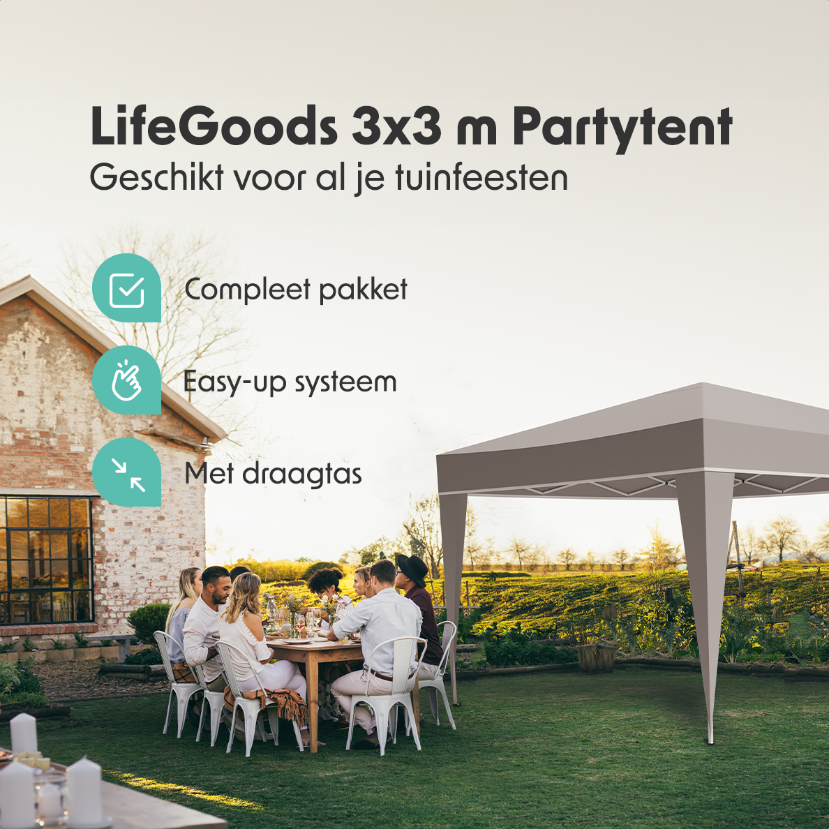LifeGoods 3x3 m partytent - Beige