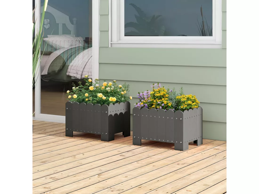 Lot de 2 Jardinière Rectangulaires en HDPE Résistant aux Intempéries, Lit de Jardin Surélevé avec Trous de Drainage pour Culture Fruits Légumes, pour Patio Balcon, 45x32x30cm (Gris)