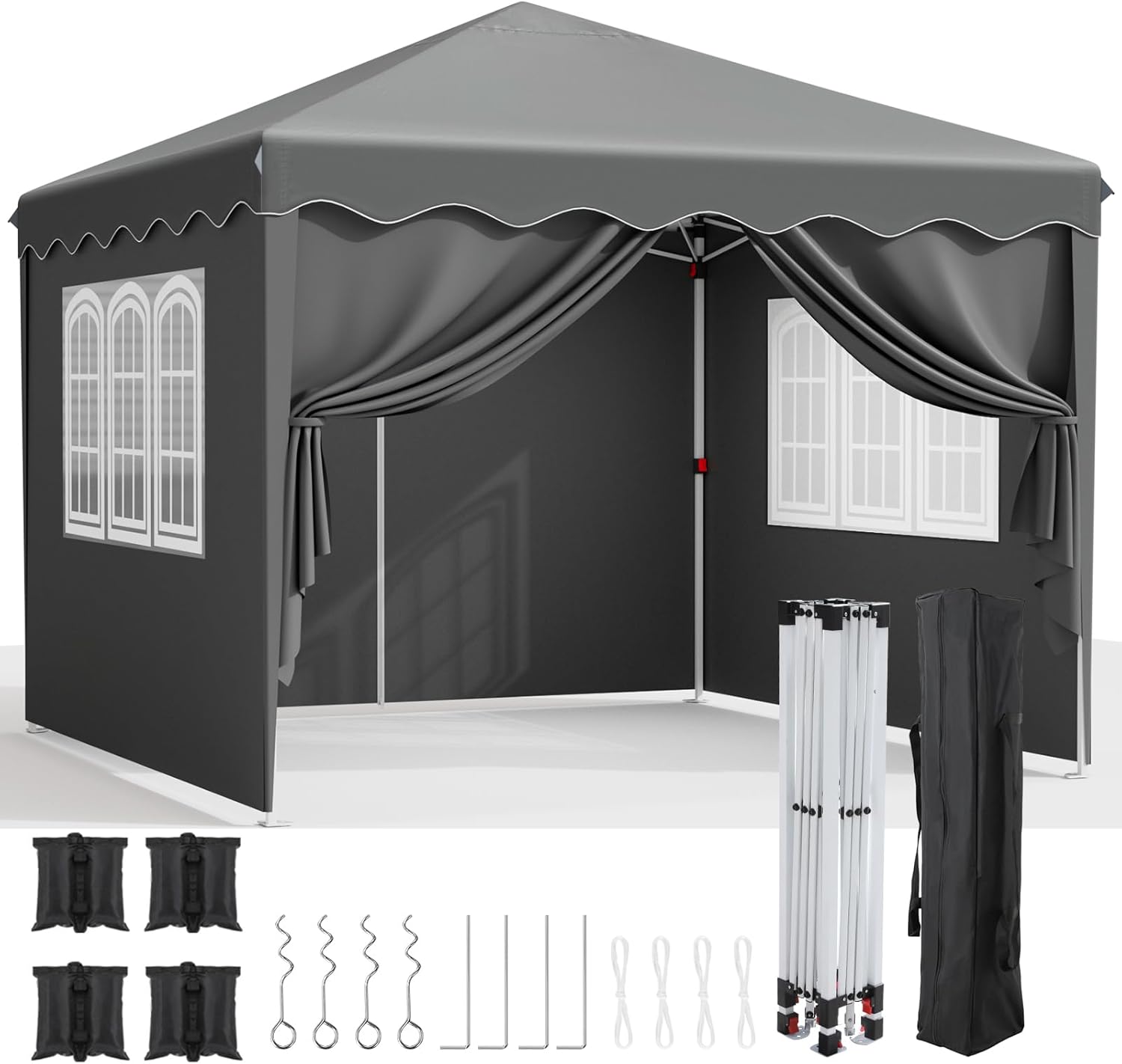 Pavillon 3x3, Faltpavillon Stabil Winterfest mit Oxford, UV Schutz 50+, Faltpavillon mit Seitenteilen, 4 PCS Sandsack, Gartenpavillon Höhenverstellbar, Faltbare Pavillon Zelt für Camping Grau