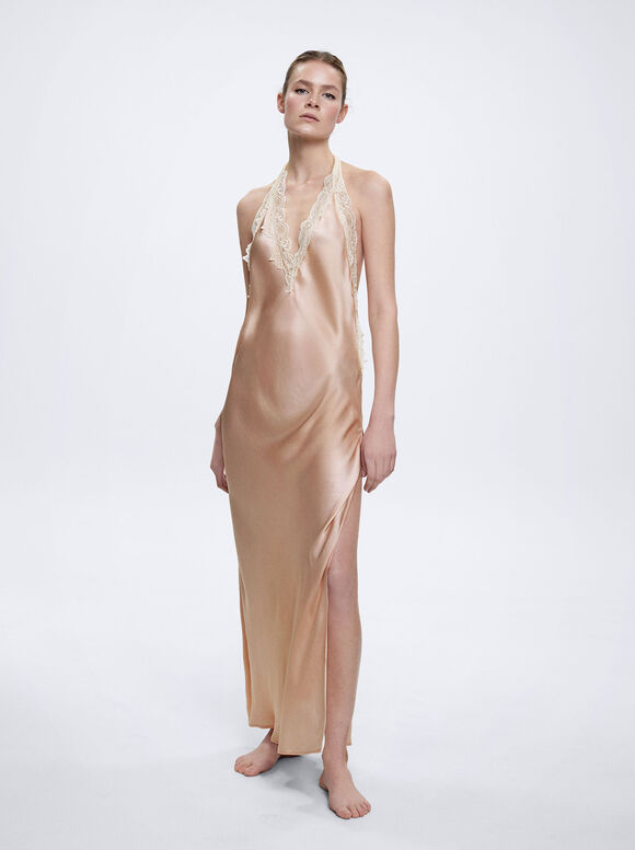 Camisola de cetim com renda - Rosa
