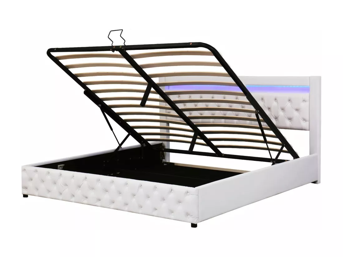 Lit coffer avec LED 180x200cm, Tissu PU, avec cadre à 12 lattes, charge max 220kg, Blanc