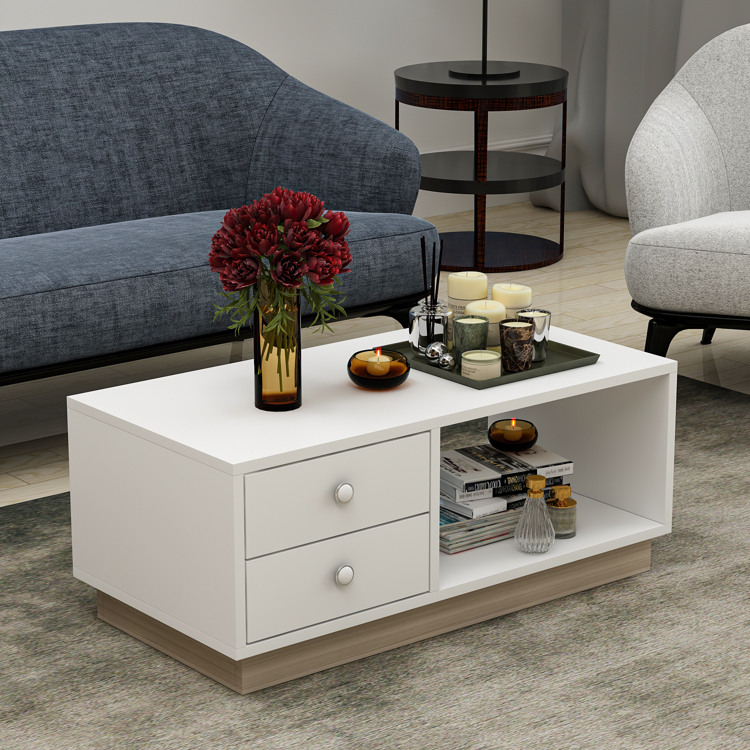 Couchtisch - weiß - 2 Schubladen - 90 cm