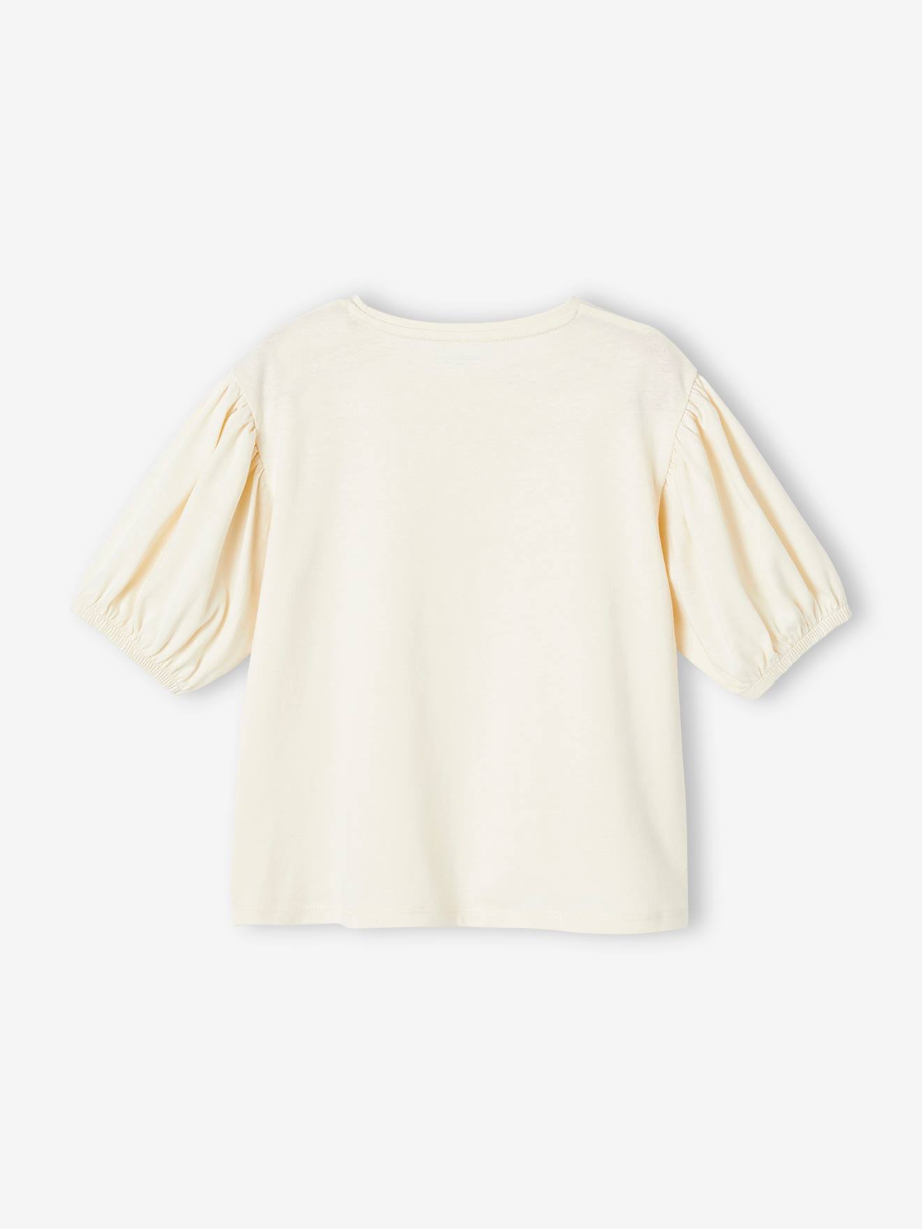 Camiseta infantil com mangas bufantes e estampa de frutas no peito, na cor cru.